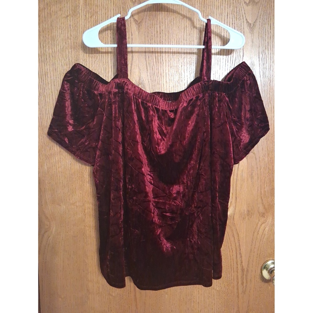 Breathless 3X Crushed Velvet Cold Off Shoulder Top Burgundy